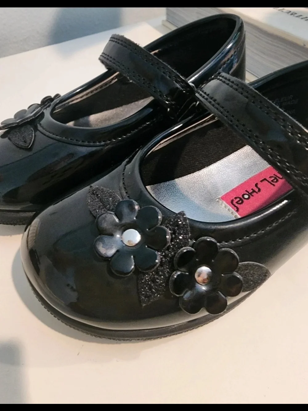 Rachel Shoes Black Patent Mary Janes with Flower Accent